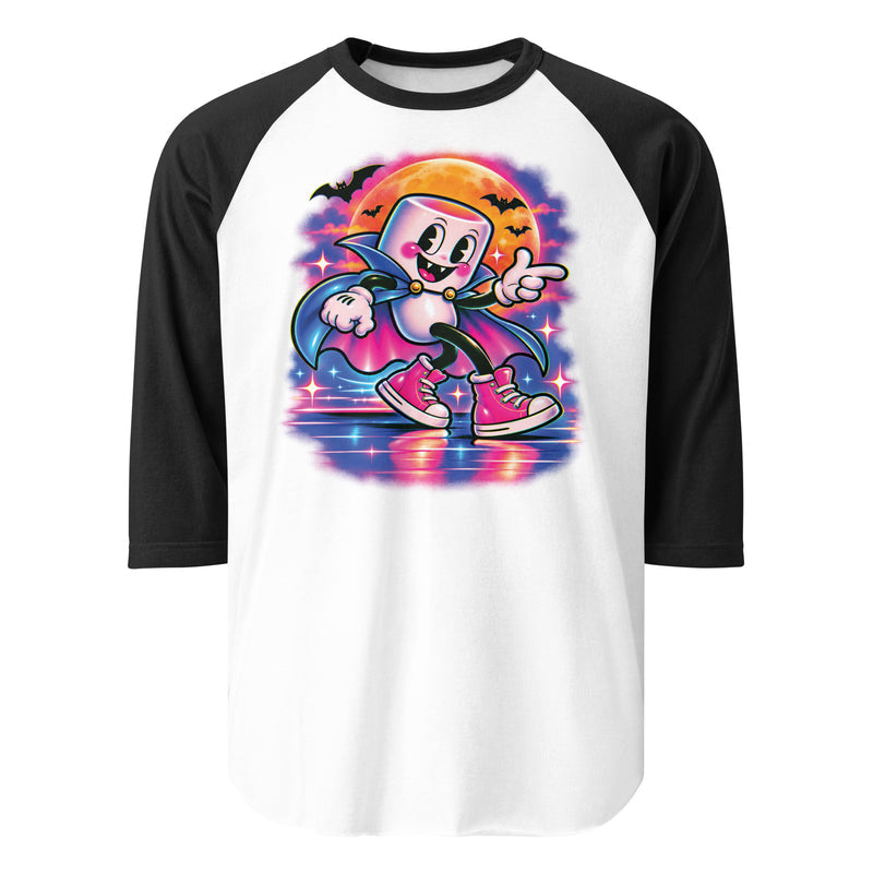 White raglan t-shirt with black 3/4 sleeves and a neon airbrush marshmallow vampire in a cape under an orange full moon