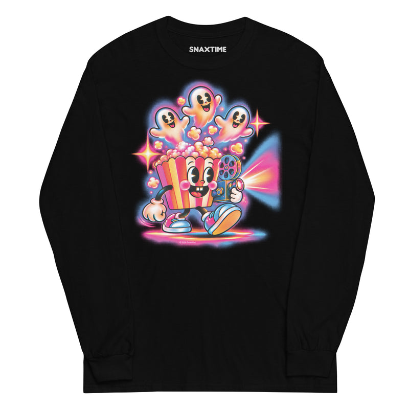 Black long-sleeve t-shirt with a neon airbrush popcorn bucket holding a film projector as three ghosts rise from the popcorn