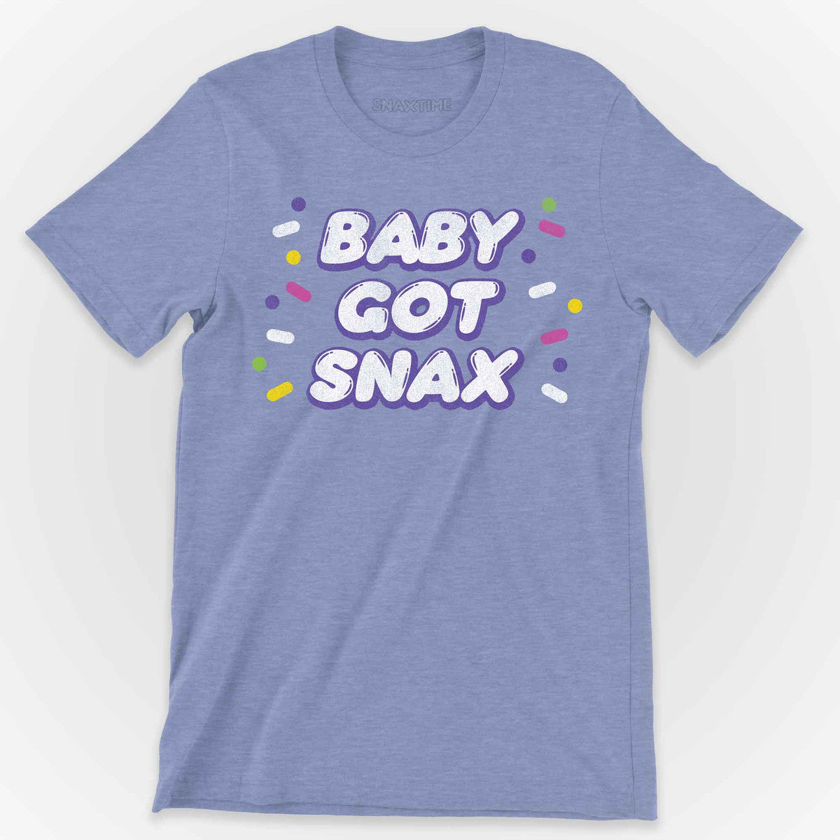 Heather blue t-shirt printed with puffy white BABY GOT SNAX lettering and scattered sprinkles