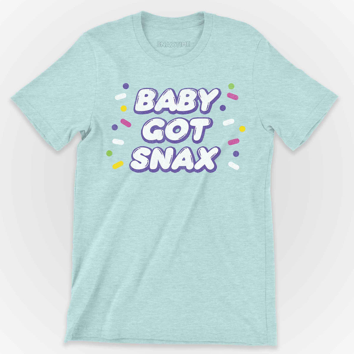 Pale ice blue heather t-shirt with purple-outlined BABY GOT SNAX text and confetti sprinkles