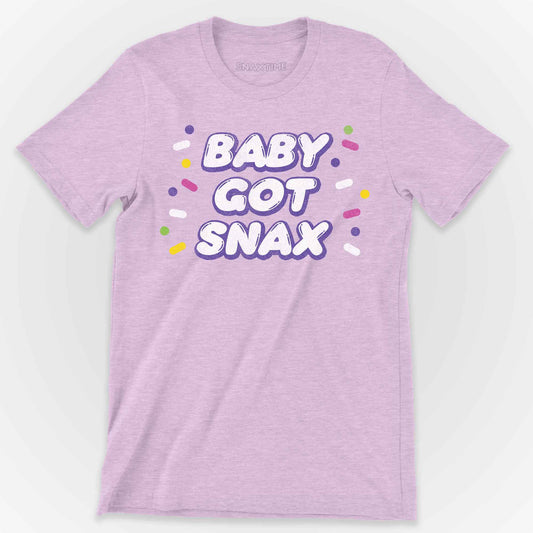 Heather lilac t-shirt with BABY GOT SNAX in white bubble letters ringed by candy sprinkles