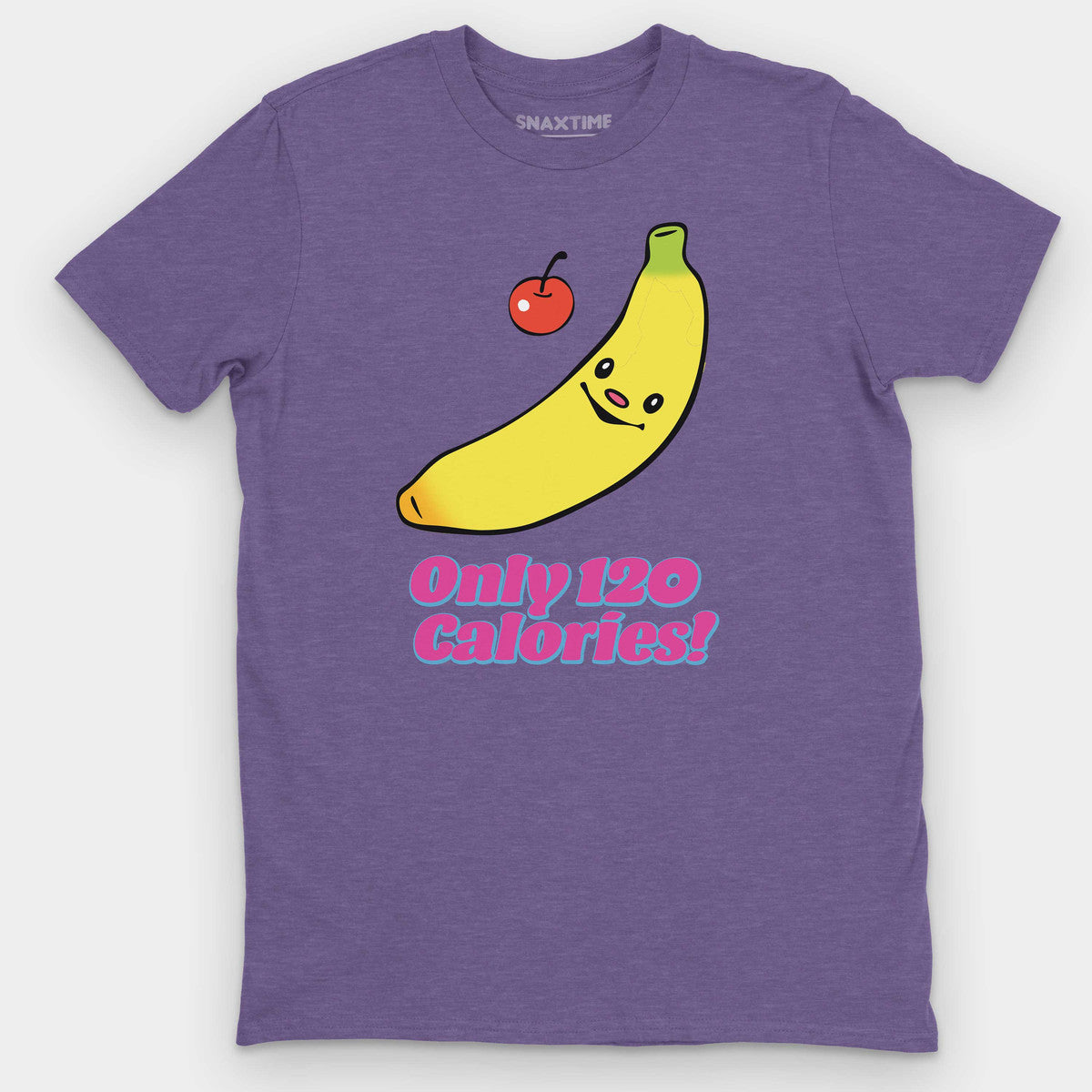 Heather purple t-shirt with a grinning yellow banana, cherry, and pink Only 120 Calories! slogan