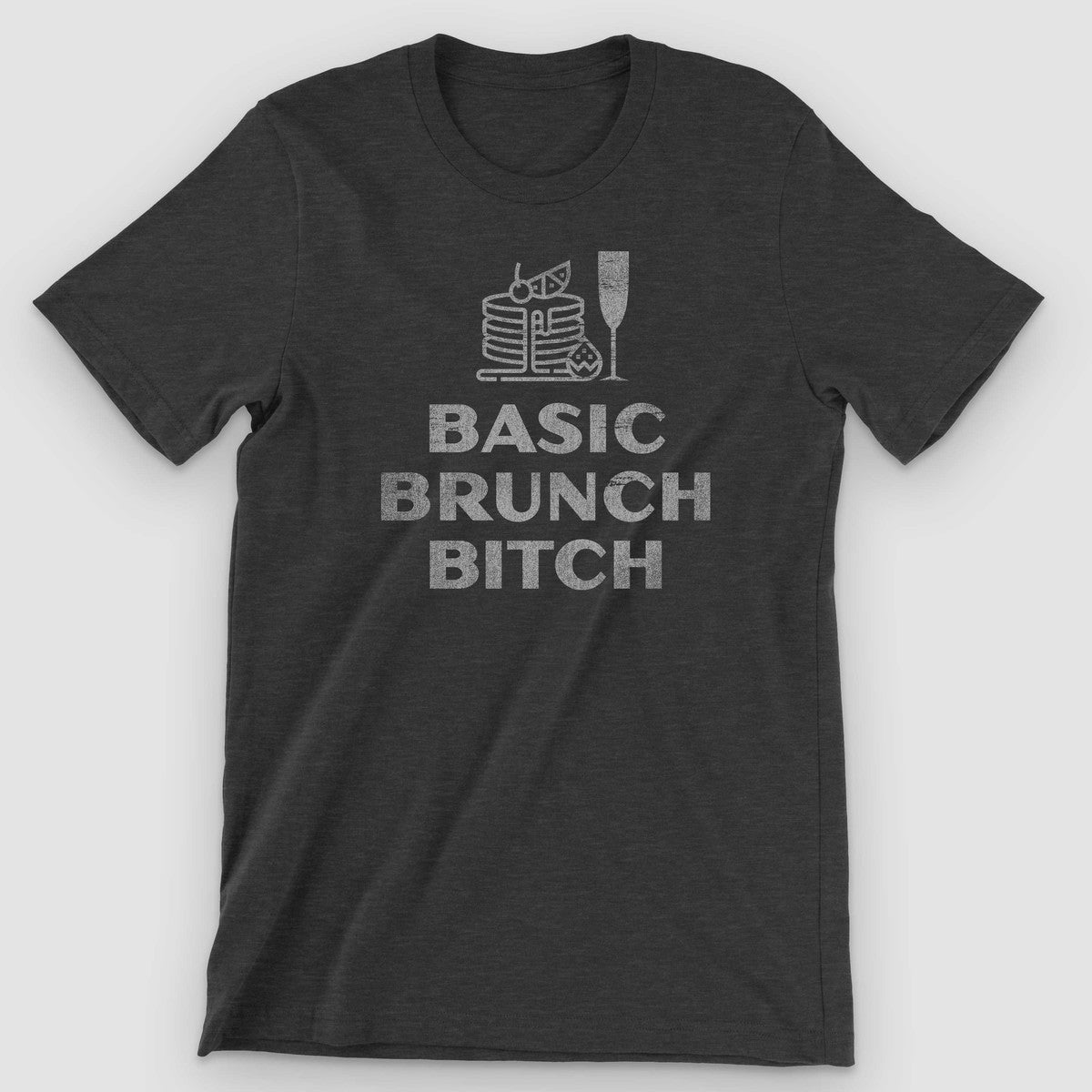 Black heather t-shirt with gray line-art pancakes, a champagne flute, and BASIC BRUNCH BITCH