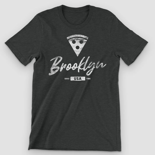 Black Heather Brooklyn New York Pizza Slice Graphic T-Shirt by Snaxtime