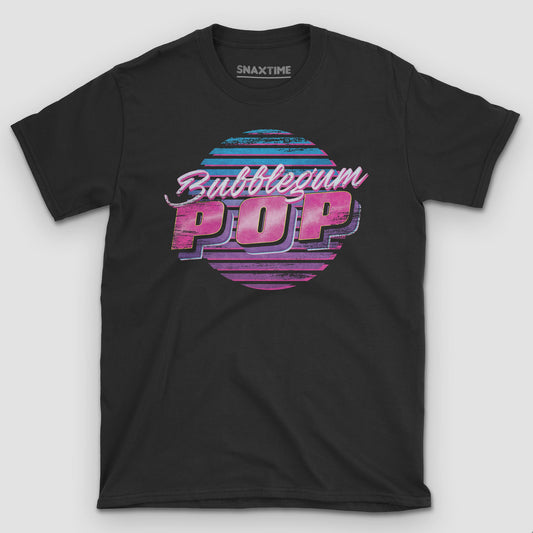 Black t-shirt with a retro striped sunset circle and neon pink Bubblegum POP lettering