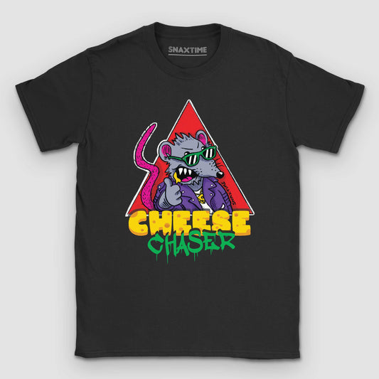 Black t-shirt with a cartoon rat in green shades and a purple jacket over graffiti CHEESE CHASER