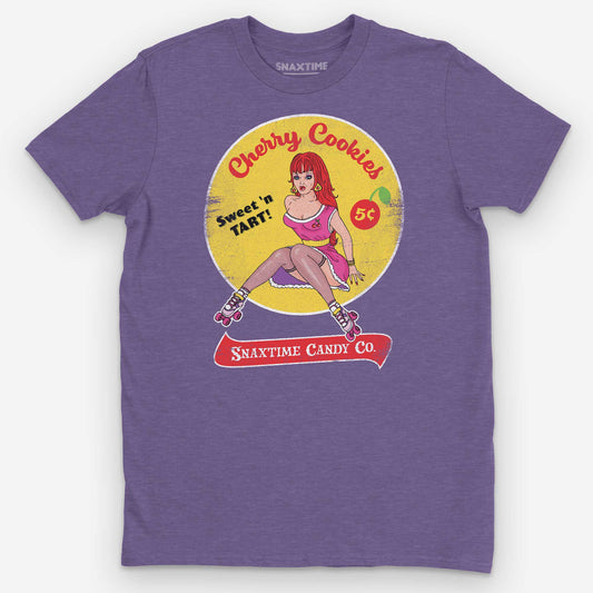Heather Purple Cherry Cookies Retro Comic Pinup Graphic T-Shirt by Snaxtime