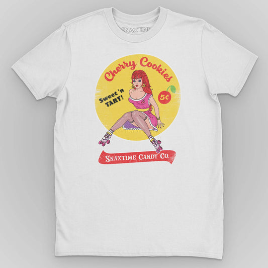 White t-shirt with a retro comic pinup on roller skates and a red Snaxtime Candy Co. banner