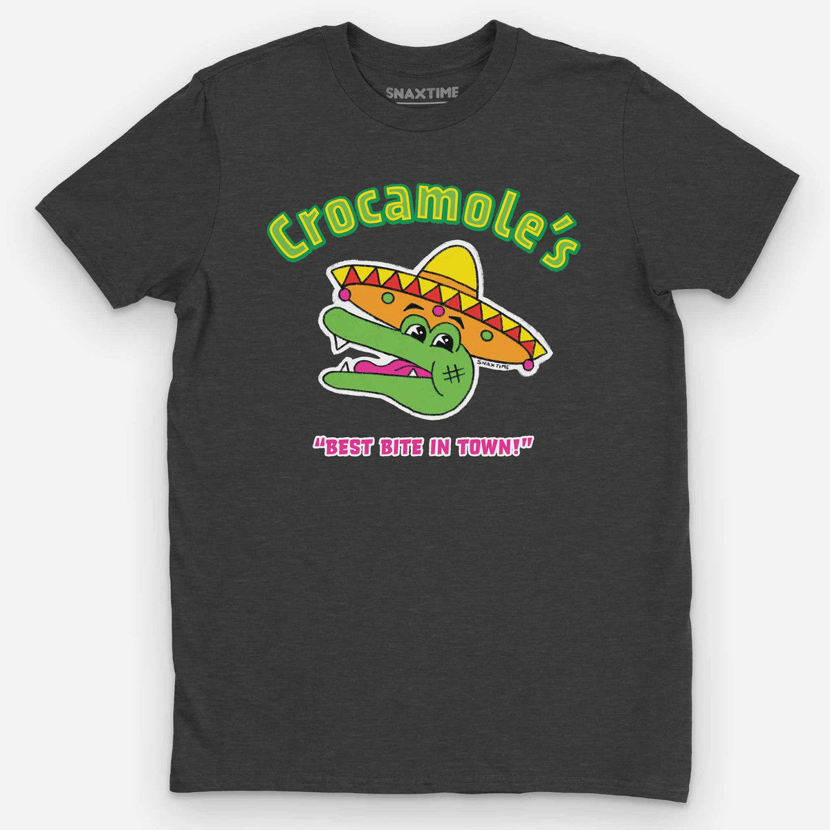 Dark gray heather tee printed with a cartoon crocodile in a sombrero and "Best bite in town!"