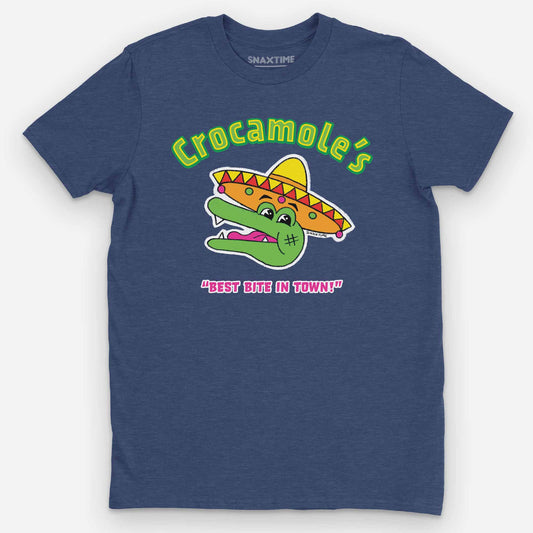 Heather navy t-shirt with a grinning green crocodile in a sombrero under "Crocamole's"
