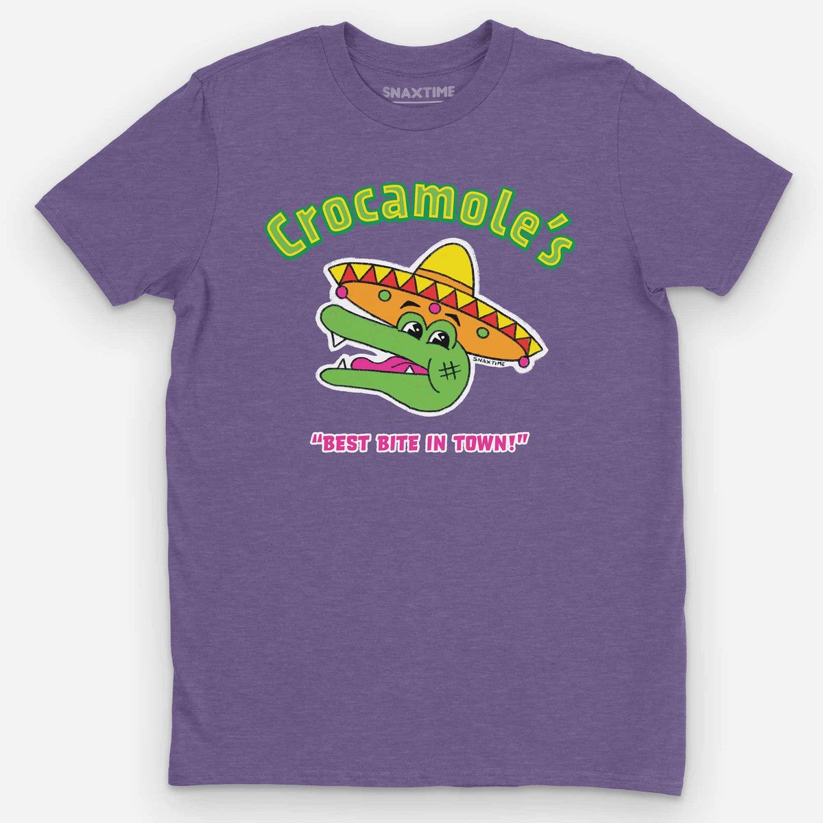 Heather purple t-shirt with a green cartoon crocodile wearing an orange and yellow sombrero