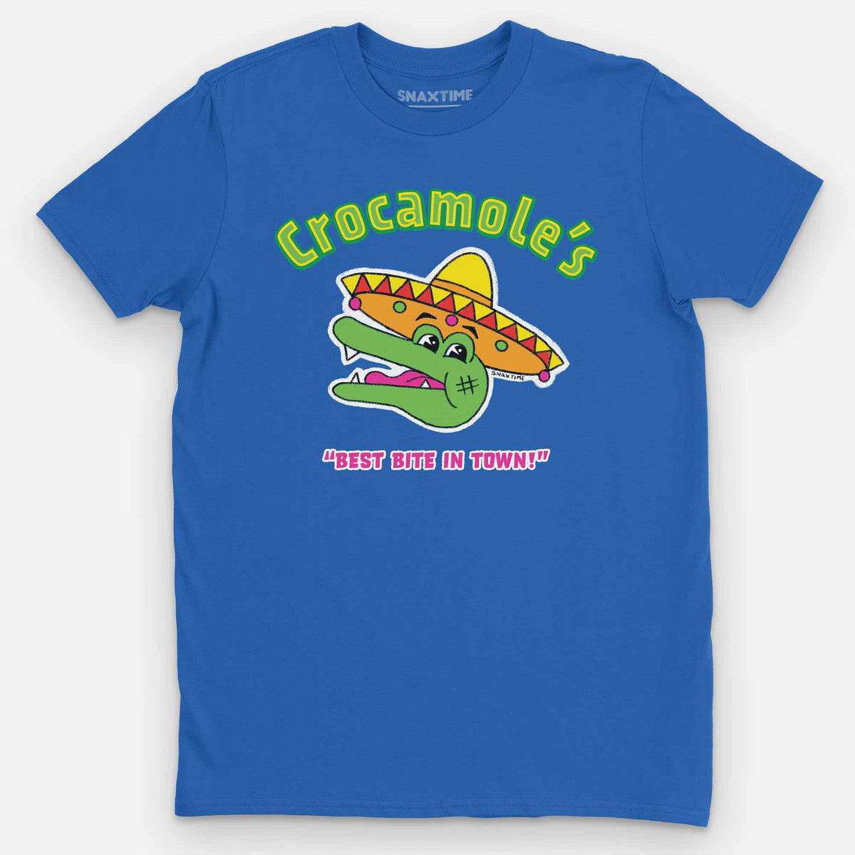 Royal blue t-shirt with a sombrero-wearing crocodile mascot and pink "Best bite in town!" text