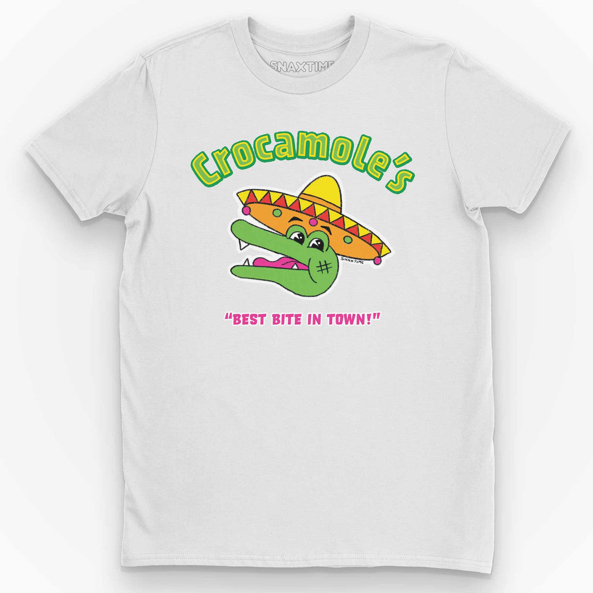 White t-shirt with a neon green crocodile in a sombrero under green "Crocamole's" lettering