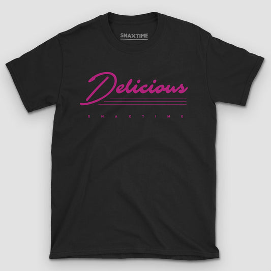 Black t-shirt with "Delicious" in magenta 80s script over pink speed lines