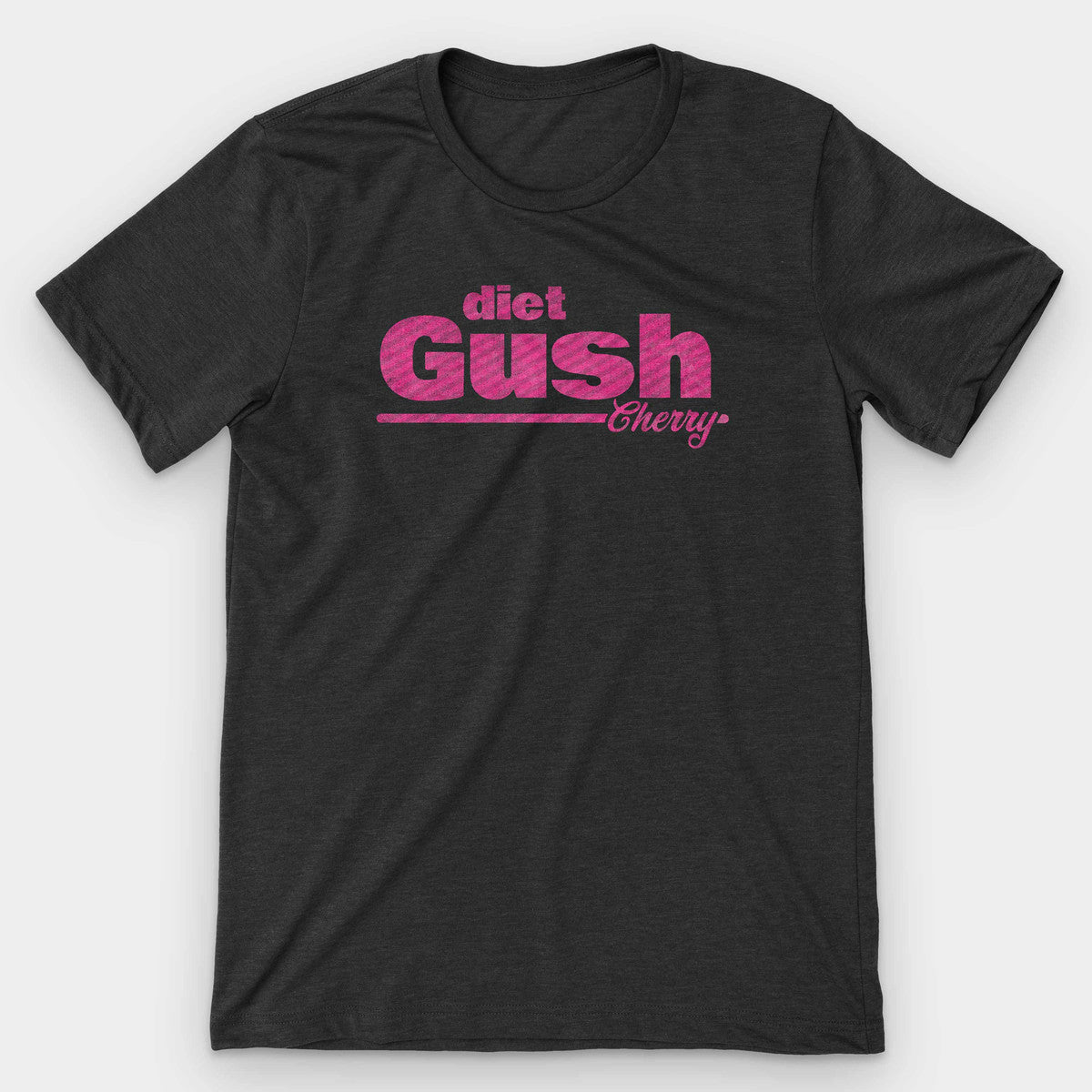 Black heather t-shirt with the diet Gush Cherry soda logo in hot pink