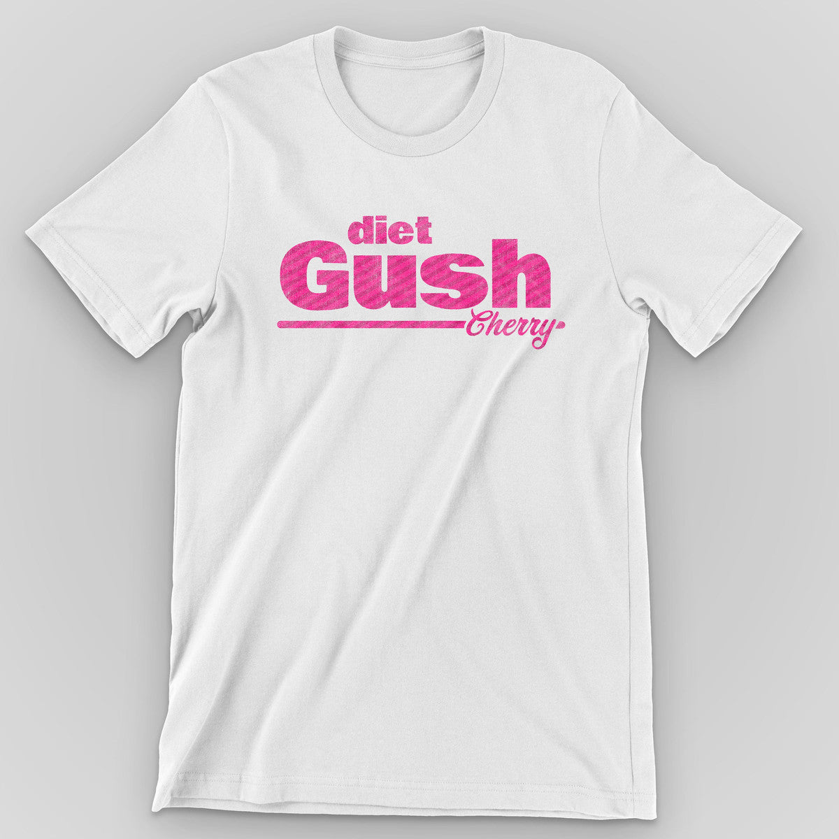 White t-shirt with the diet Gush Cherry retro soda logo in hot pink