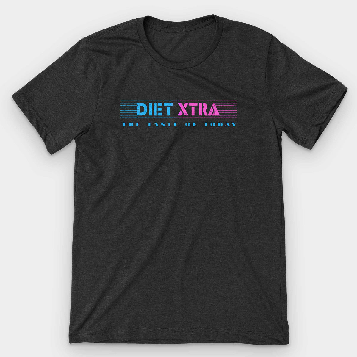 Black heather t-shirt with the neon blue and pink Diet Xtra retro soda logo