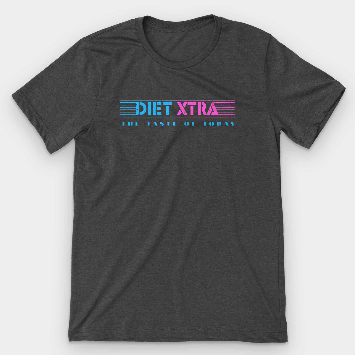 Dark gray heather t-shirt with the neon Diet Xtra soda logo in blue and pink