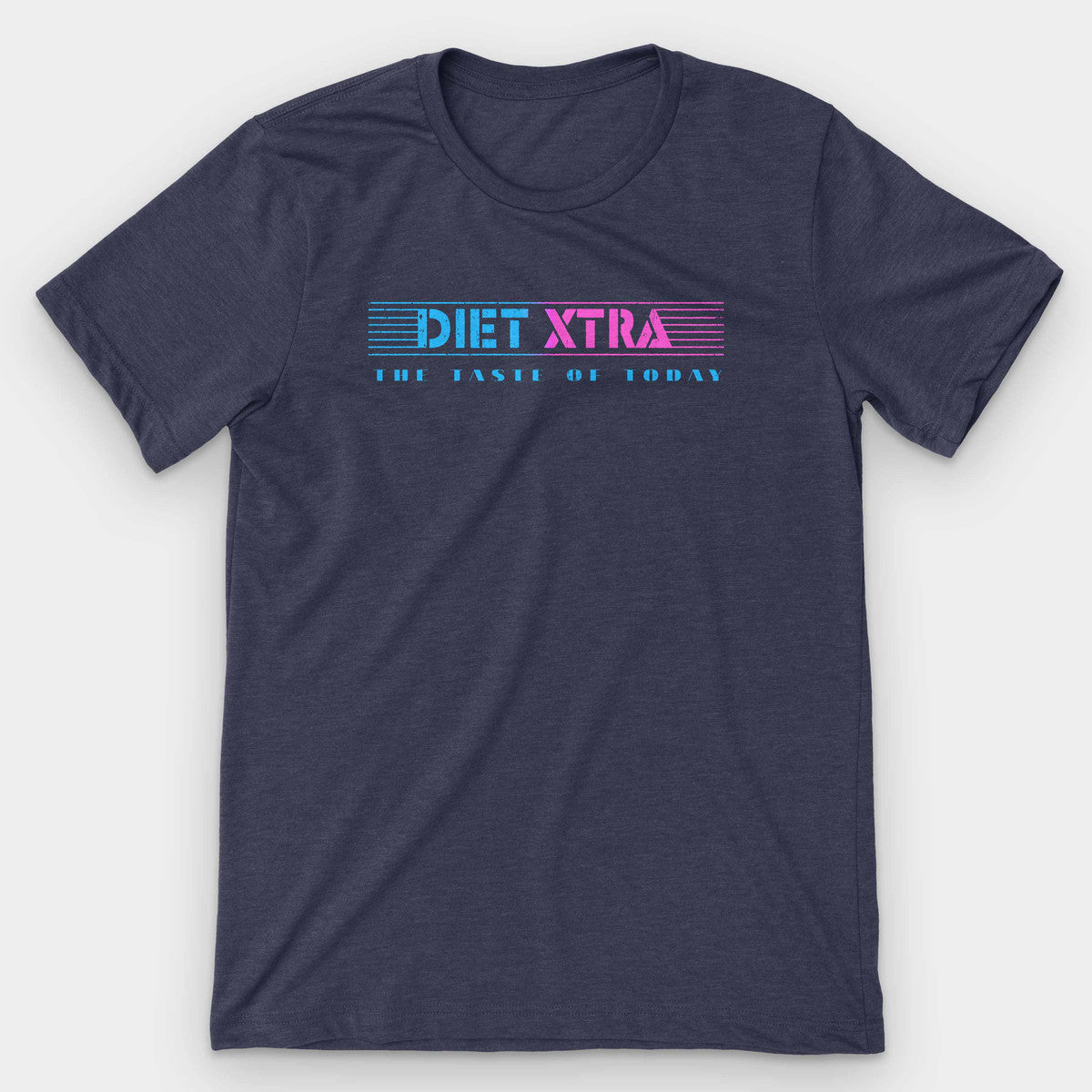 Heather navy t-shirt with a neon Diet Xtra 'The Taste of Today' logo in blue and pink