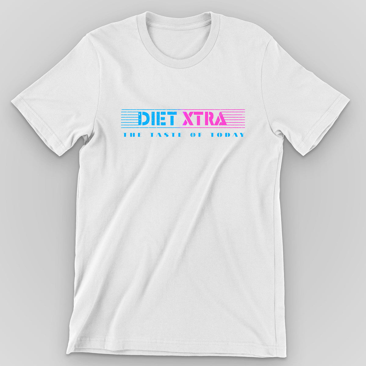 White t-shirt with the neon Diet Xtra logo, 'The Taste of Today' in blue and pink
