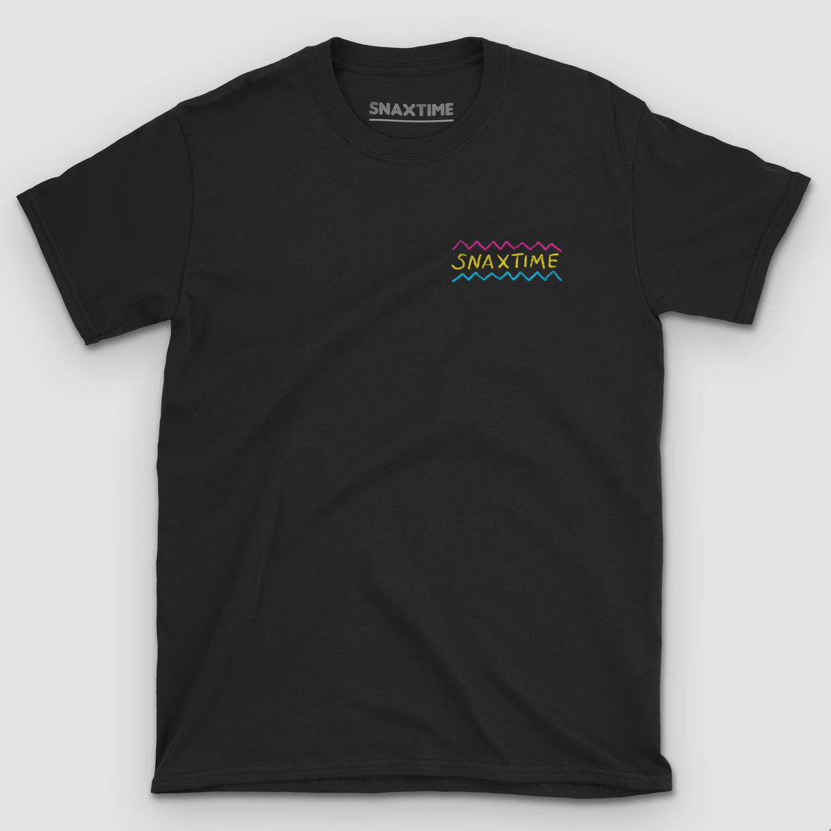 Front of a black t-shirt with a small neon zigzag SNAXTIME logo on the chest