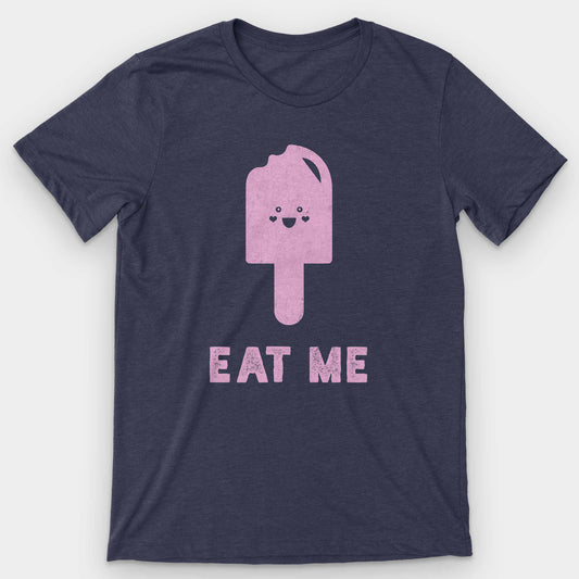Heather navy t-shirt with a pink smiling popsicle and 'Eat Me' below it