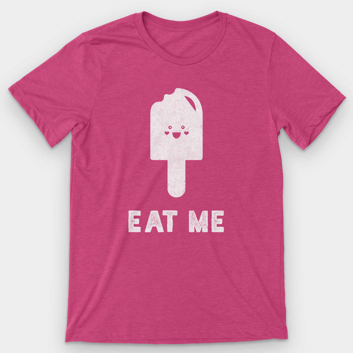 Heather pink t-shirt with a white smiling popsicle and 'Eat Me' lettering
