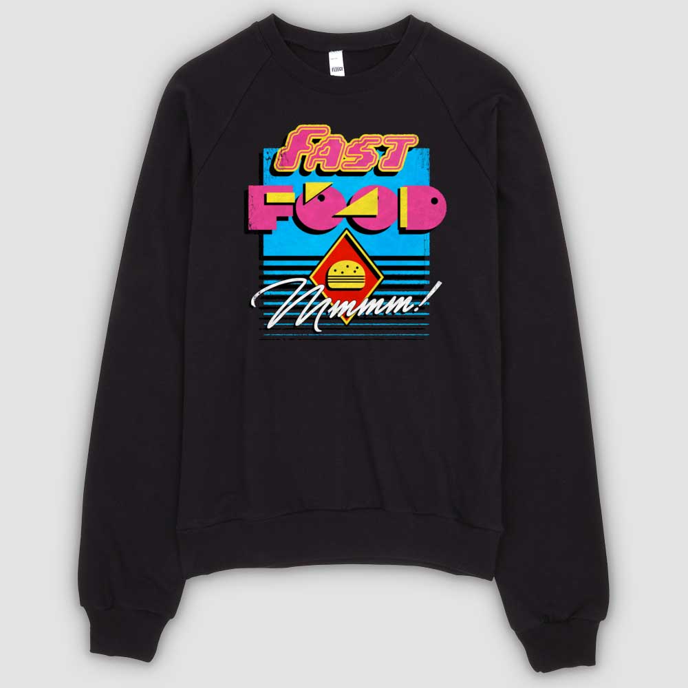 Black 90s Retro Fast Food Unisex California Fleece Raglan Sweatshirt by Snaxtime
