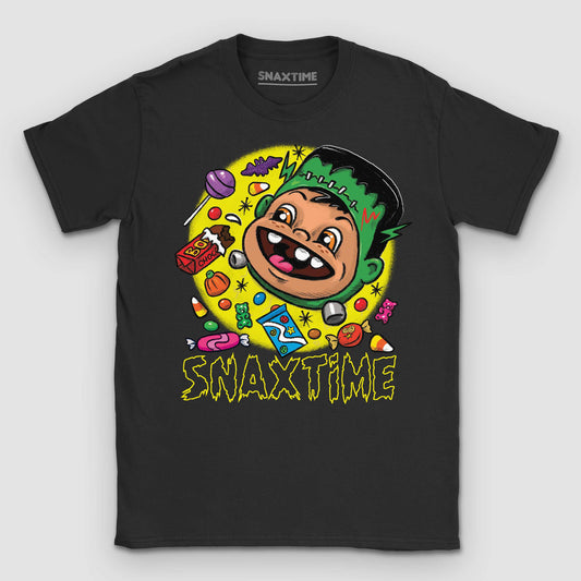 Black t-shirt with a laughing green Frankenstein monster surrounded by Halloween candy and drippy SNAXTIME text