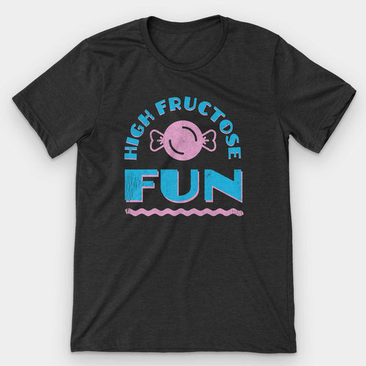 Black heather t-shirt with a pink wrapped candy and blue HIGH FRUCTOSE FUN arched lettering