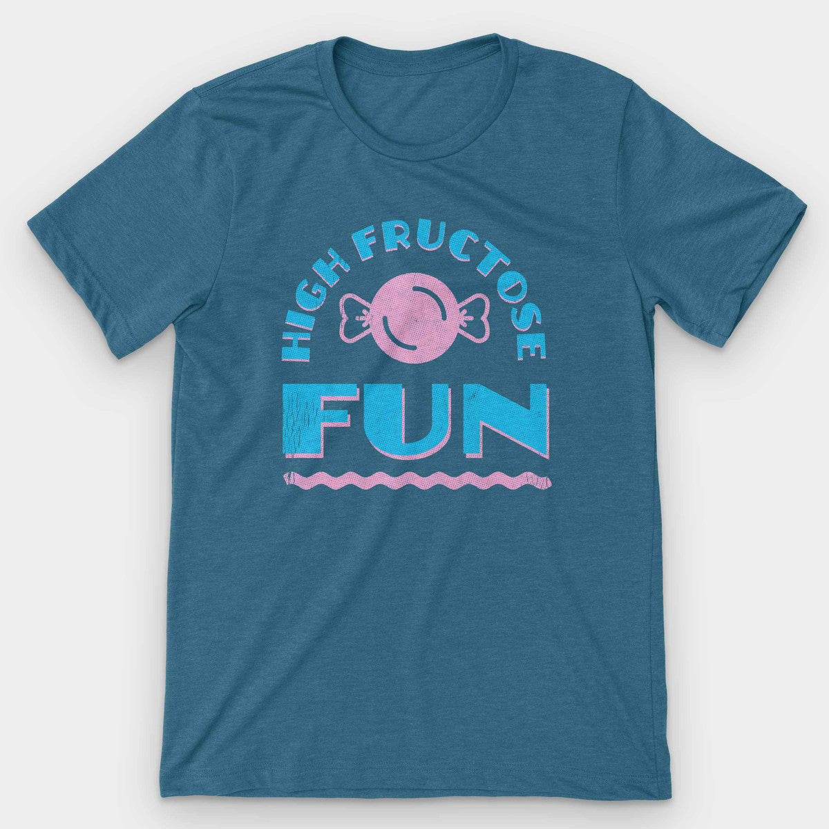 Heather teal t-shirt with a pink candy graphic and blue HIGH FRUCTOSE FUN type