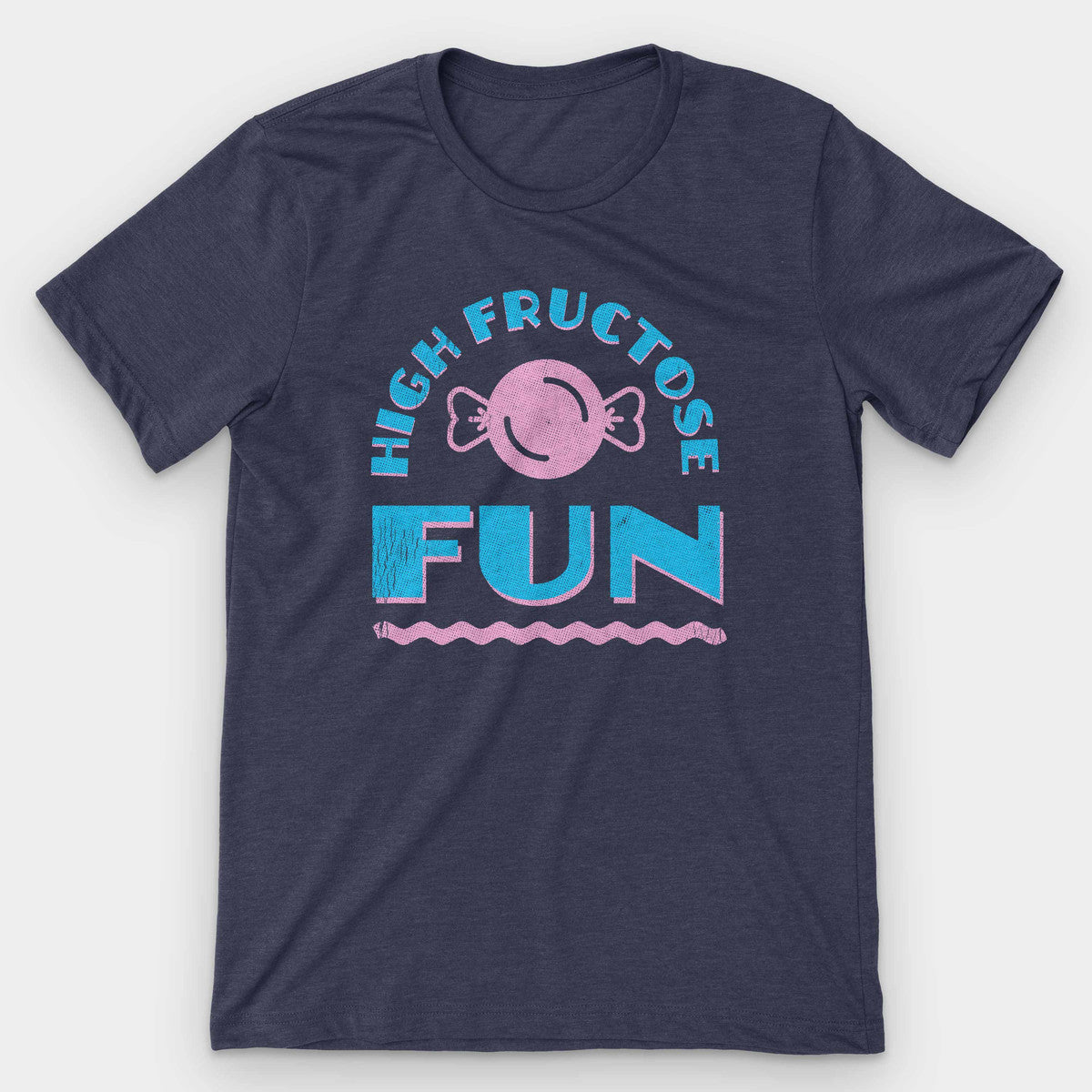 Heather navy t-shirt with a pink candy and blue HIGH FRUCTOSE FUN arched print