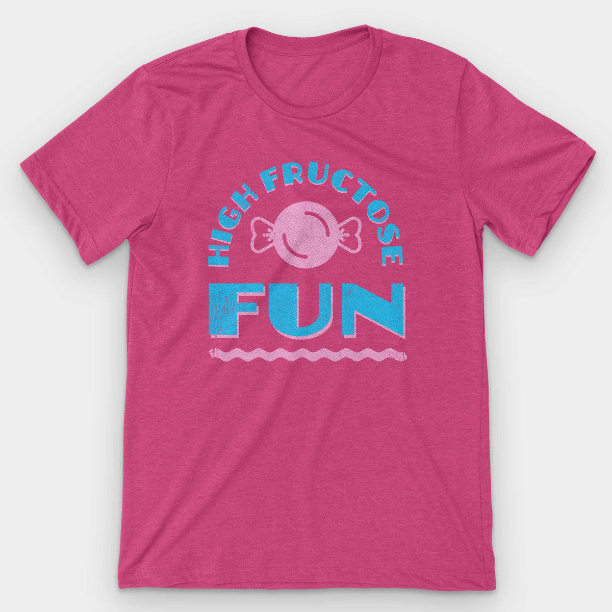 Raspberry pink heather t-shirt with a pale candy and bright blue HIGH FRUCTOSE FUN lettering