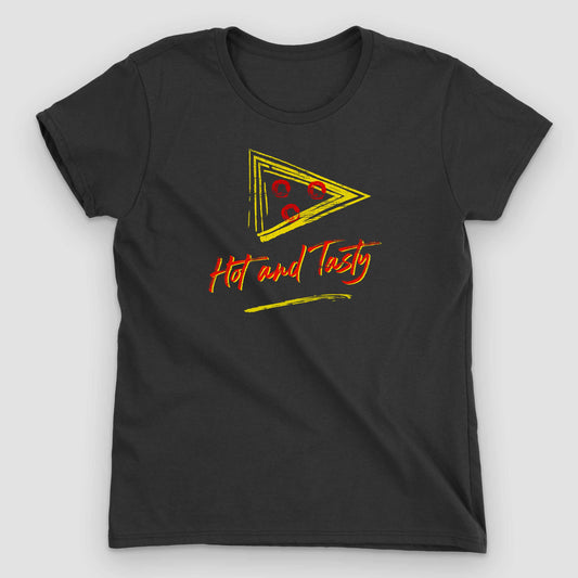 Black Retro Hot & Tasty Pizza Women's Graphic T-Shirt by Snaxtime