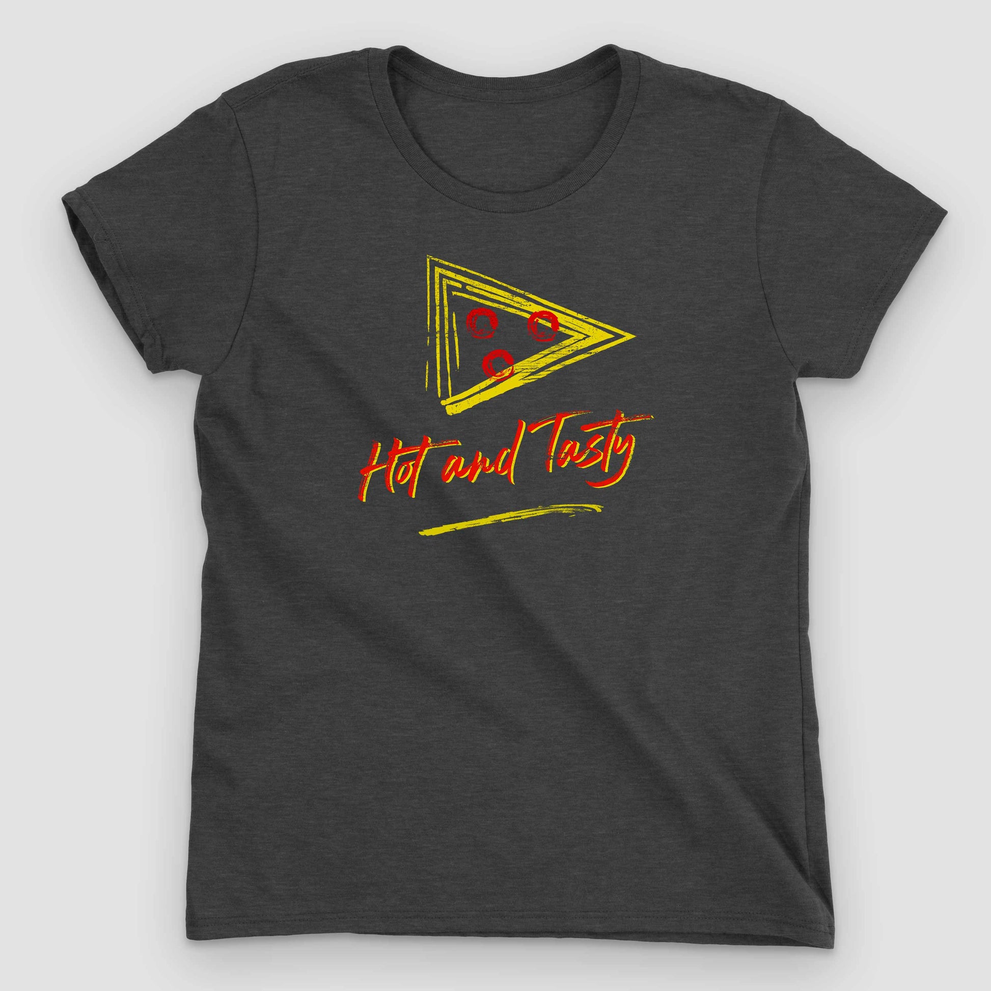 Heather Dark Grey Retro Hot & Tasty Pizza Women's Graphic T-Shirt by Snaxtime