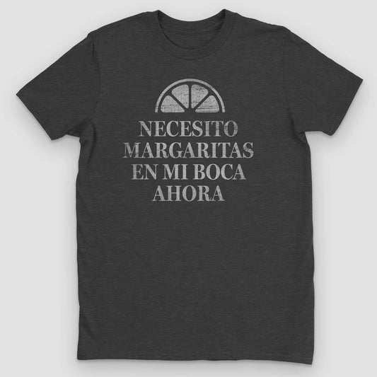 Dark gray heather t-shirt with a lime wedge above NECESITO MARGARITAS EN MI BOCA AHORA