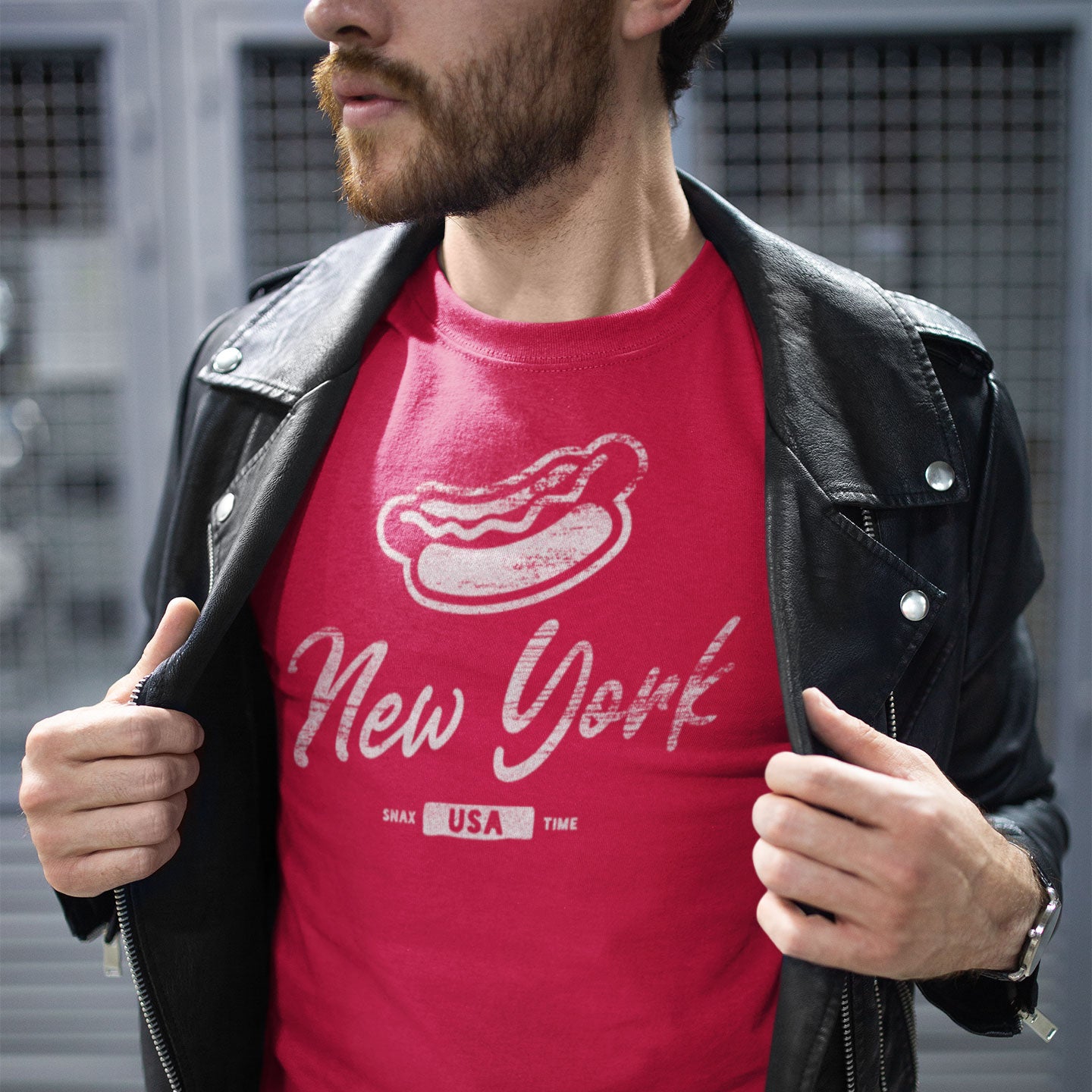 Red New York City Hot Dog Graphic T-Shirt by Snaxtime