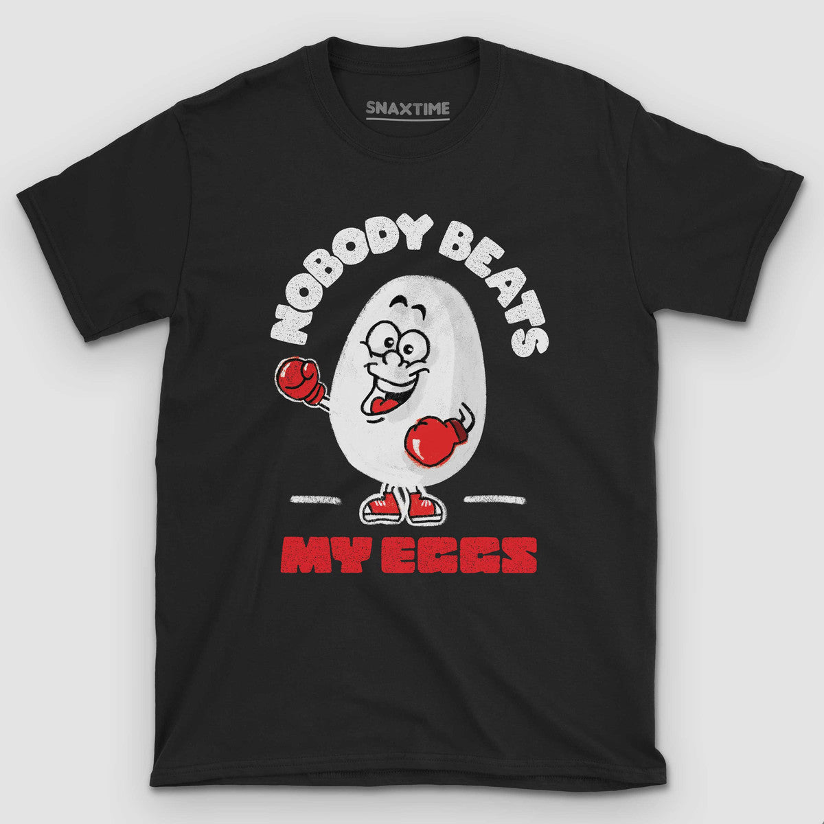 Black t-shirt with a cartoon egg in red boxing gloves and NOBODY BEATS MY EGGS