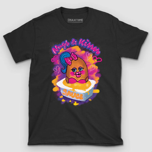 Black t-shirt with an airbrushed chicken nugget girl in a sauce cup, "Nugs & Kisses"