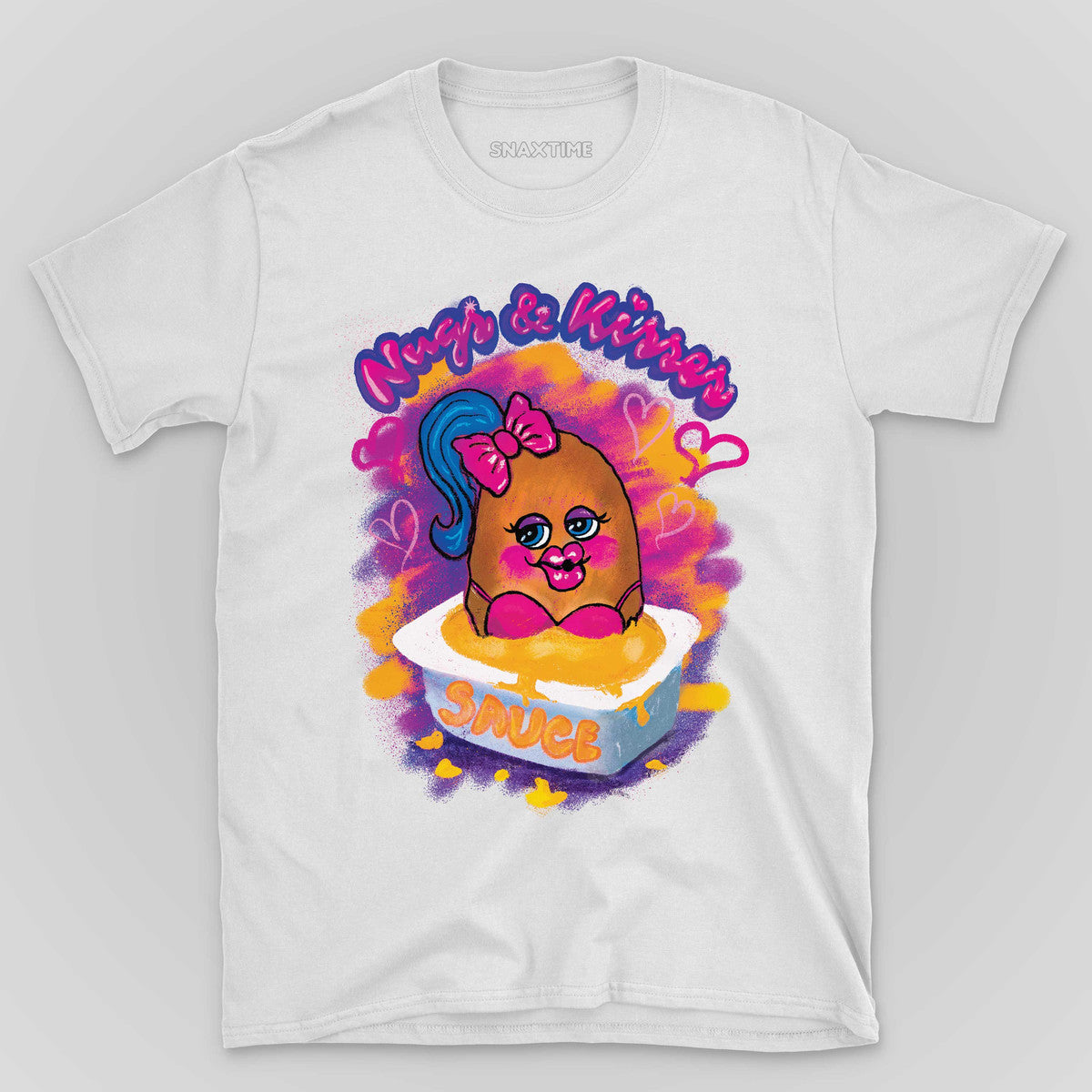 White t-shirt with a neon chicken nugget character wearing a pink bow, sitting in dipping sauce