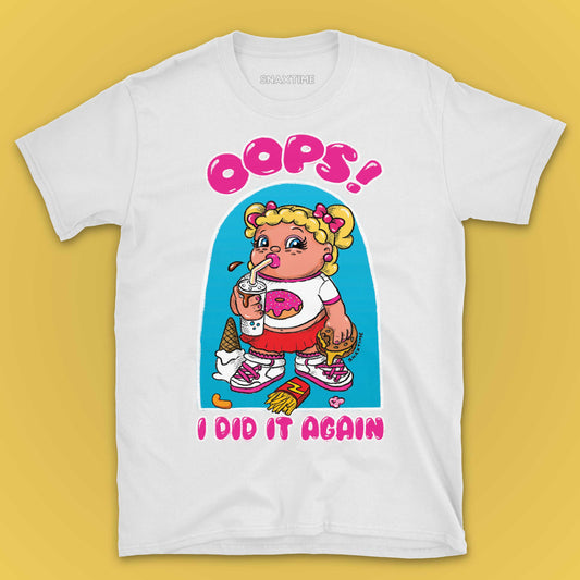 "Oops! I Did It Again" Junk Food Cartoon T-Shirt - Snaxtime Retro Style Food Apparel