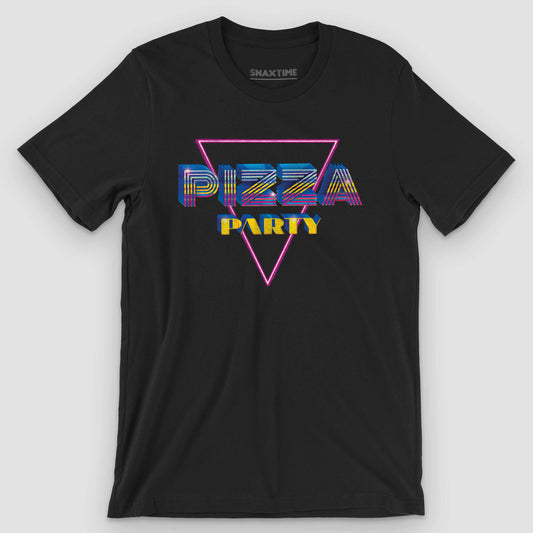 Black t-shirt with retro chrome "Pizza Party" lettering inside a neon pink triangle