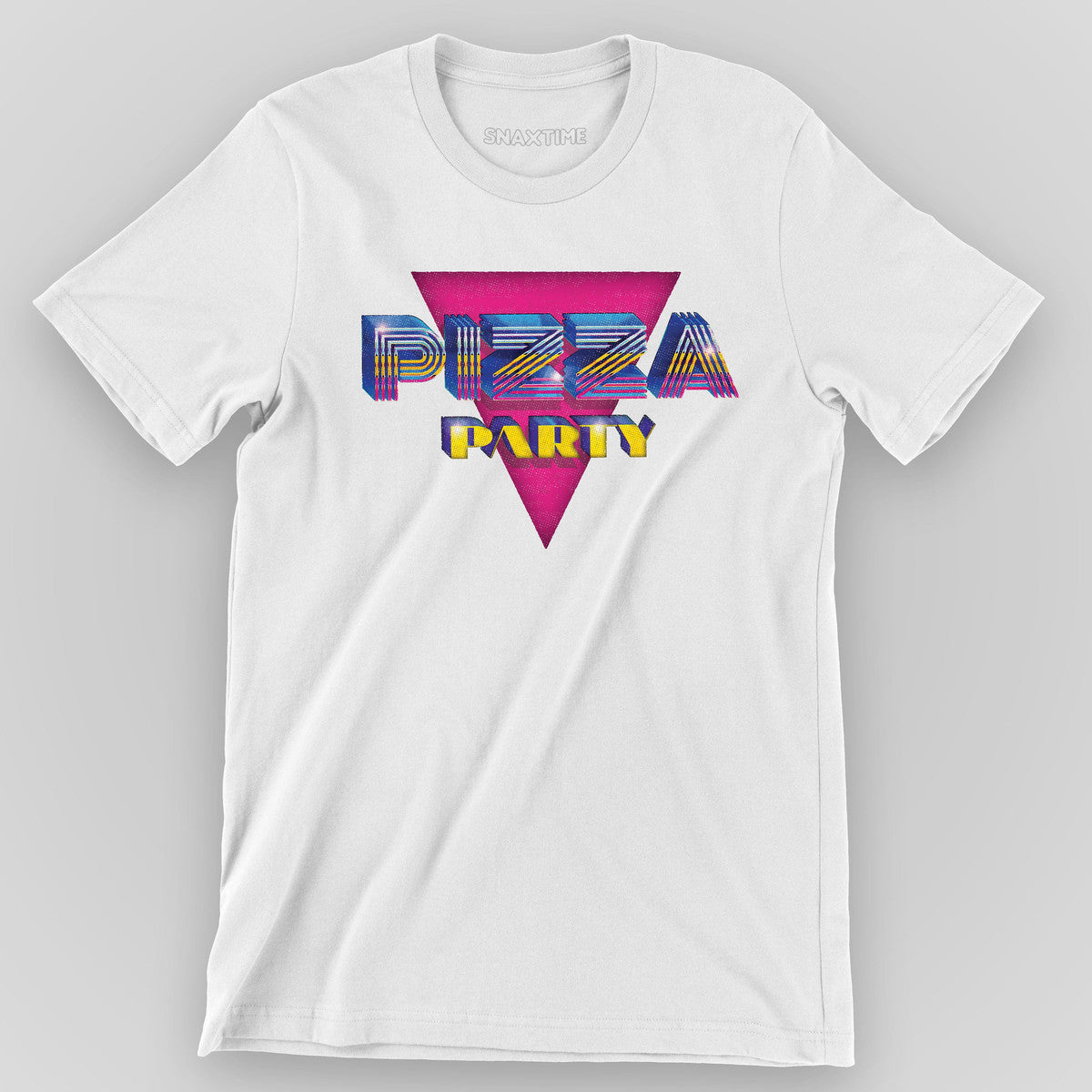 White t-shirt with chrome "Pizza Party" lettering over a solid magenta triangle