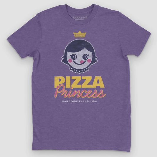 Heather purple t-shirt with a retro cartoon girl in a gold crown and "Pizza Princess"