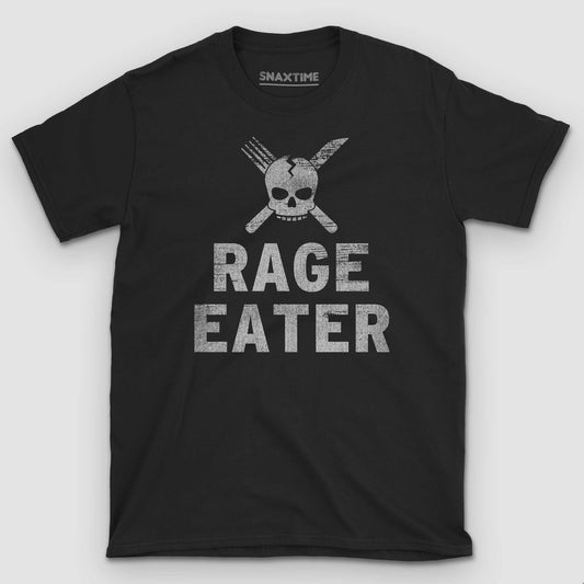 Black t-shirt with a distressed cracked skull over a crossed fork and knife, "Rage Eater"
