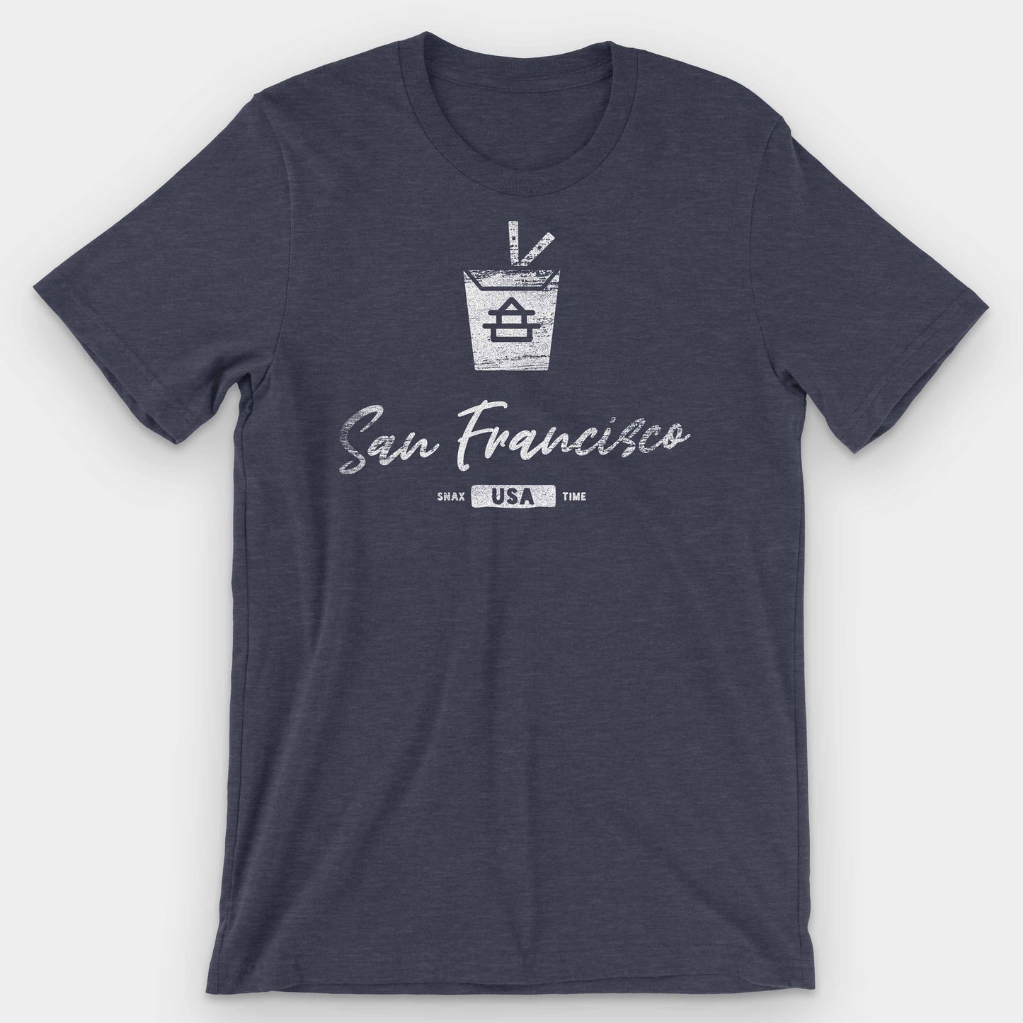 Heather Midnight Navy San Francisco Chinese Takeout Graphic T-Shirt by Snaxtime