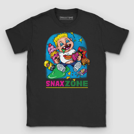 Black t-shirt with a cartoon kid drooling over neon junk food and 'Snax Zone' text