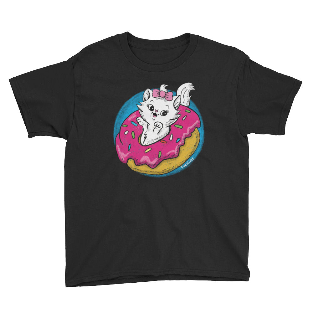 Black Donut Kitty Youth Short Sleeve T-Shirt by Snaxtime