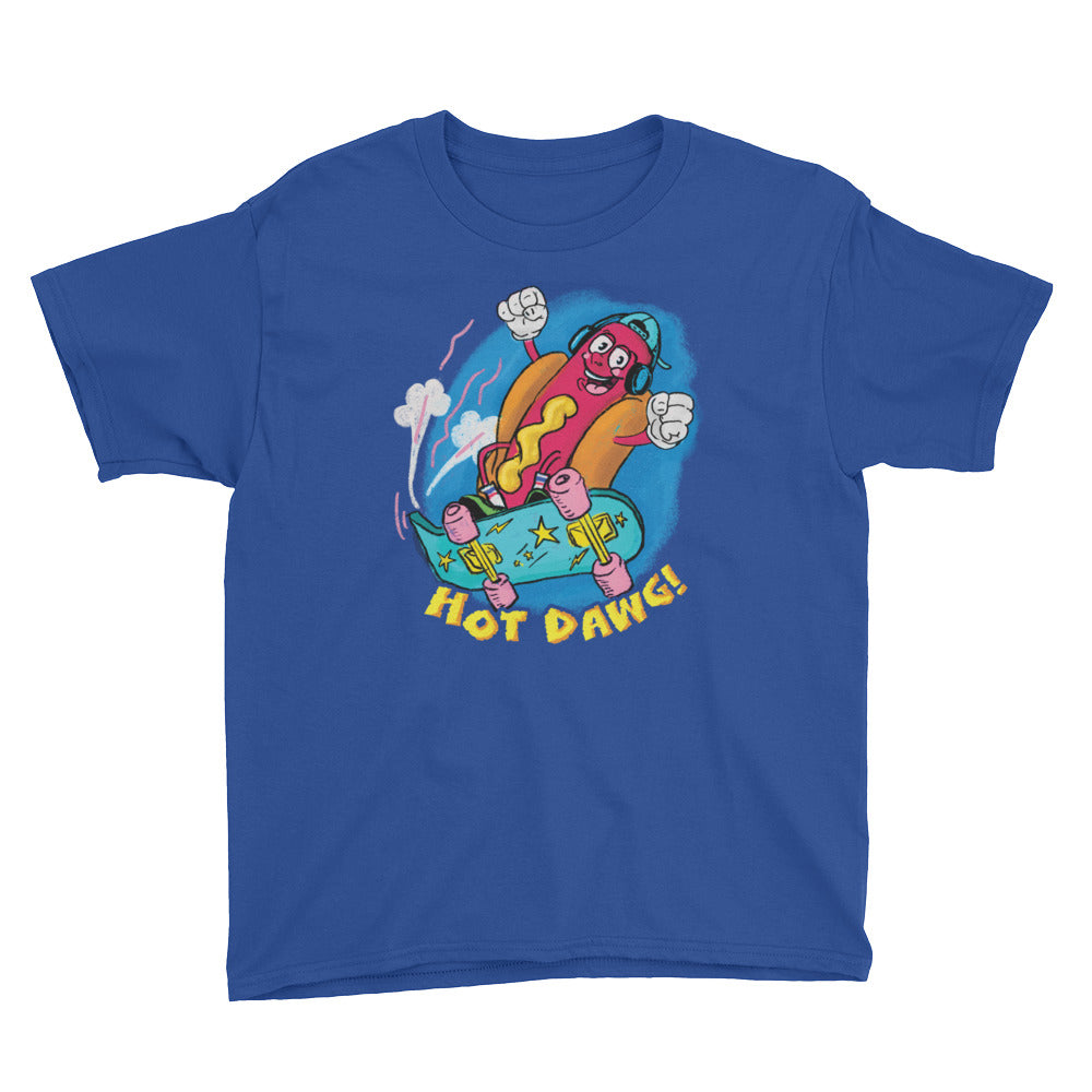 Royal Blue Retro Cartoon Hot Dog Youth Short Sleeve T-Shirt by Snaxtime
