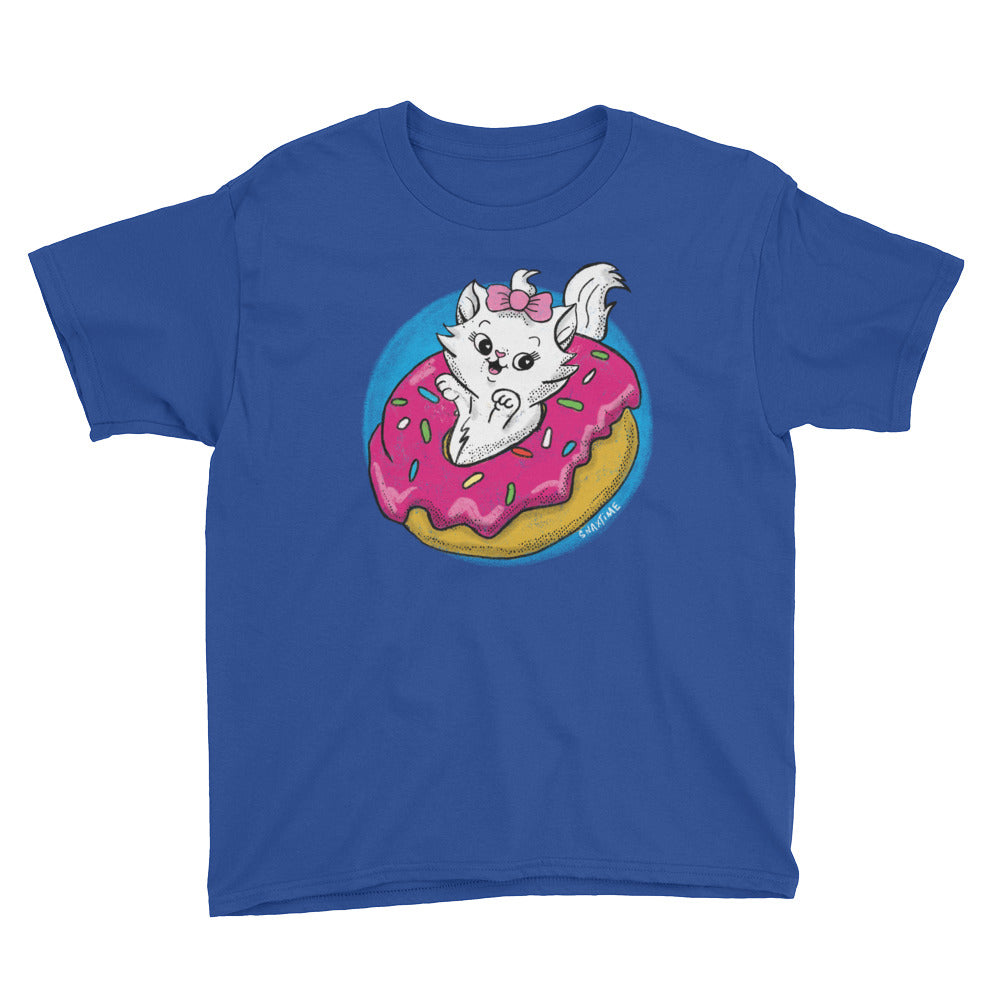Royal Blue Donut Kitty Youth Short Sleeve T-Shirt by Snaxtime